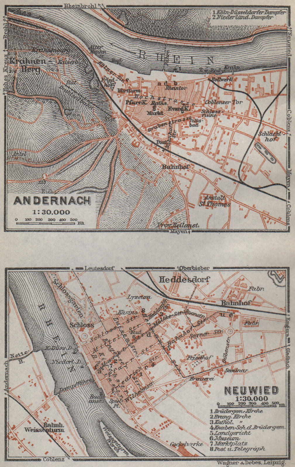 ANDERNACH & NEUWIED town city stadtplan. Koblenz Rheinland-Pfalz. SMALL 1926 map